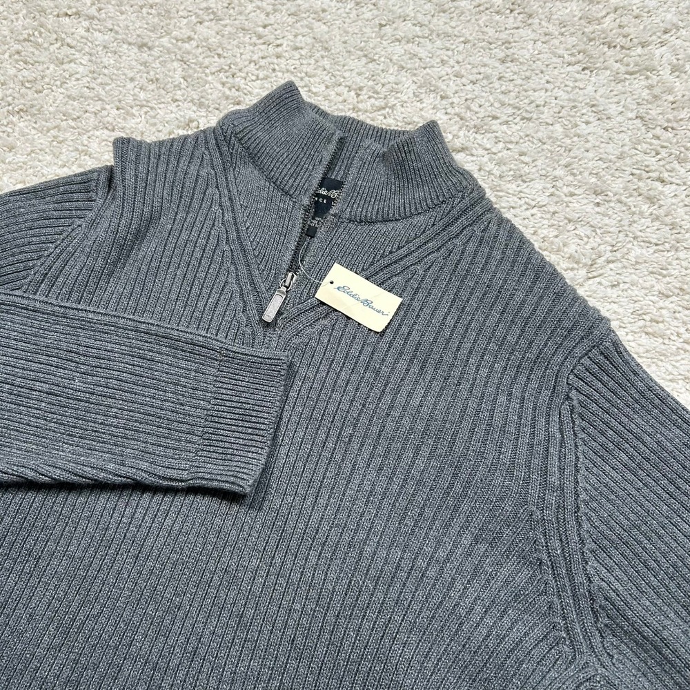 Eddie Bauer Quarter Zip Sweater XL Grey Ribbed Knit Cotton Mock Neck 1/4 New NWT